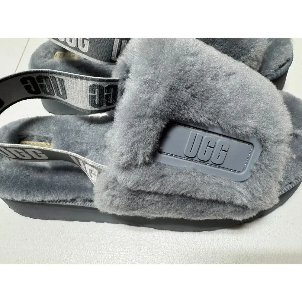 UGG Disco Slide Platform Slipper Sz 10 Color Ash Fog Sheepskin Upper And Insole